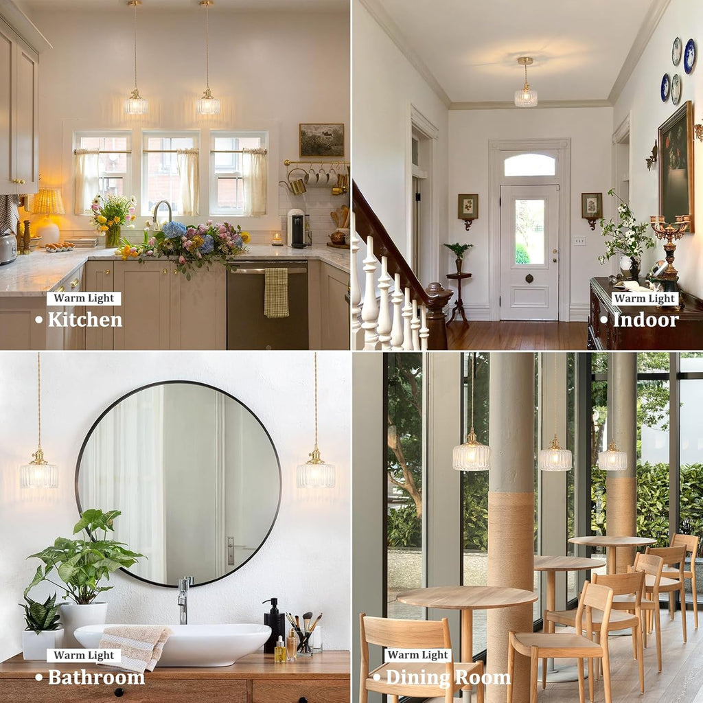 Pendant Light with Clear Striped Glass Lmapshade, Brass Vintage Pendant Light Adjustable Hanging Light for Kitchen Island Dining Room Hallway - Grand Goldman