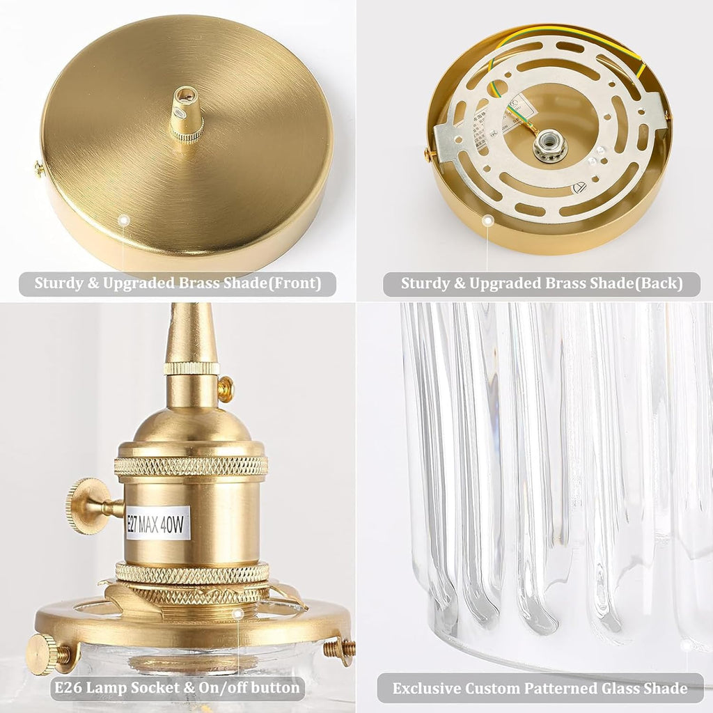 Pendant Light with Clear Striped Glass Lmapshade, Brass Vintage Pendant Light Adjustable Hanging Light for Kitchen Island Dining Room Hallway - Grand Goldman