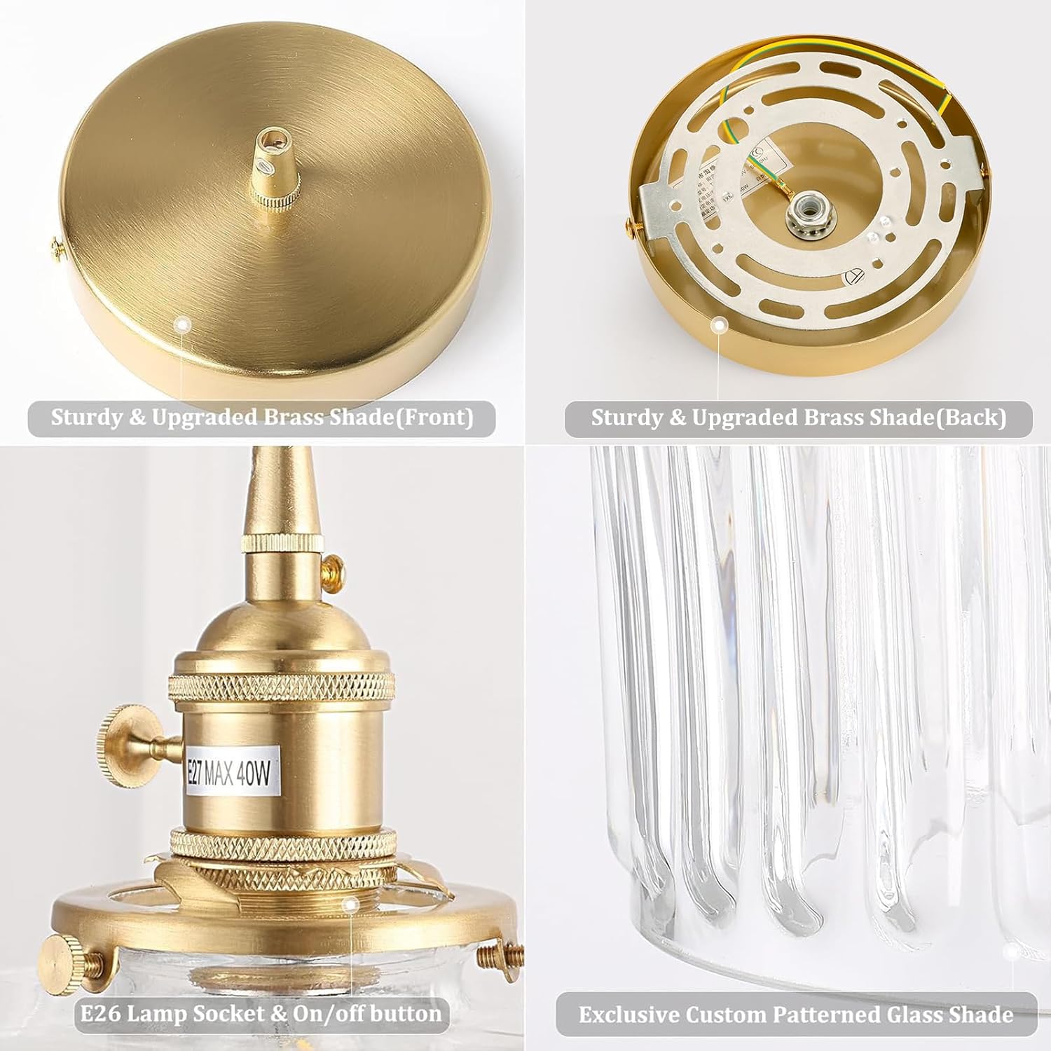 Pendant Light with Clear Striped Glass Lmapshade, Brass Vintage Pendant Light Adjustable Hanging Light for Kitchen Island Dining Room Hallway - Grand Goldman