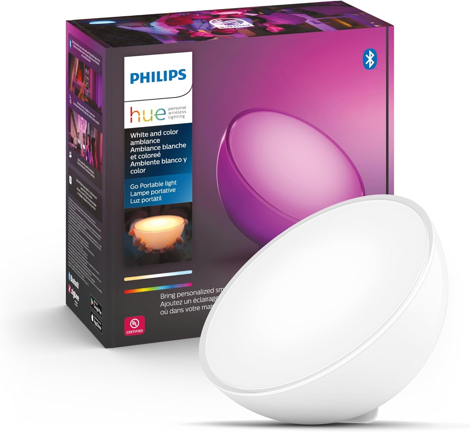 Philips Hue Go Smart Portable Dimmable Table Lamp, White - White and Color Ambiance LED Color-Changing Light - 1 Pack - Indoor and Outdoor Use - Control with Hue App or Voice Assistant - Grand Goldman