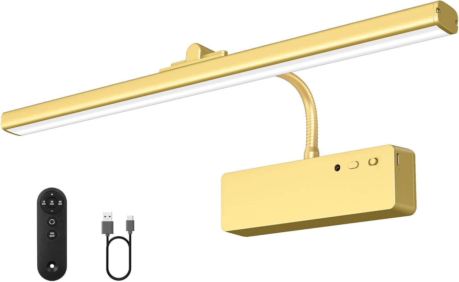 Picture Light, 15.35inch Wireless Rechargeable 5400mAh Battery Wall Light for Paintings, Picture Lights with Remote, 3 Color Modes and Dimmable Lights for Display, Gallery, Artwork(Gold) - Grand Goldman