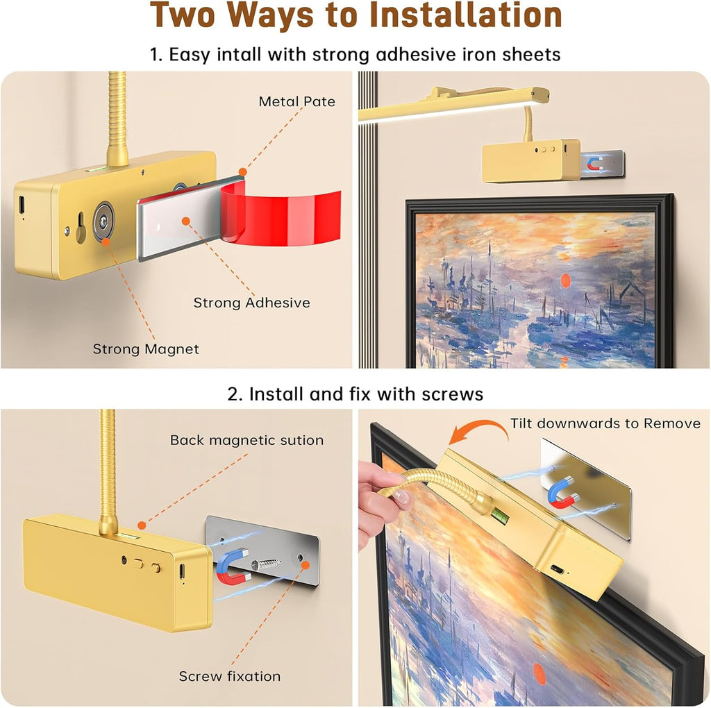 Picture Light, 15.35inch Wireless Rechargeable 5400mAh Battery Wall Light for Paintings, Picture Lights with Remote, 3 Color Modes and Dimmable Lights for Display, Gallery, Artwork(Gold) - Grand Goldman