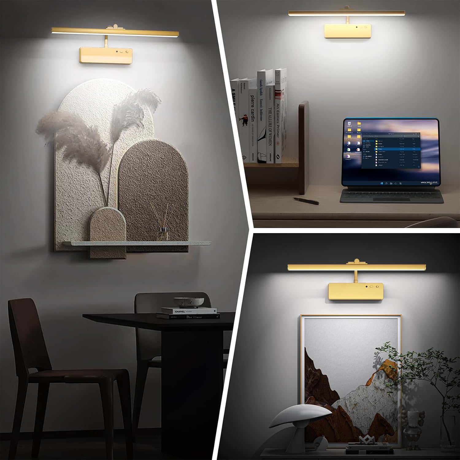 Picture Light, 15.35inch Wireless Rechargeable 5400mAh Battery Wall Light for Paintings, Picture Lights with Remote, 3 Color Modes and Dimmable Lights for Display, Gallery, Artwork(Gold) - Grand Goldman