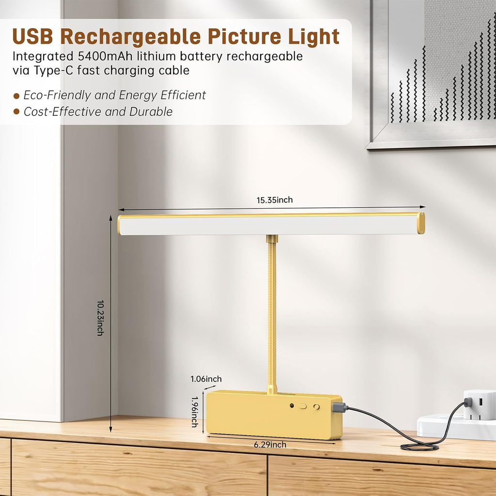 Picture Light, 15.35inch Wireless Rechargeable 5400mAh Battery Wall Light for Paintings, Picture Lights with Remote, 3 Color Modes and Dimmable Lights for Display, Gallery, Artwork(Gold) - Grand Goldman