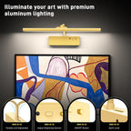 Picture Light, 15.35inch Wireless Rechargeable 5400mAh Battery Wall Light for Paintings, Picture Lights with Remote, 3 Color Modes and Dimmable Lights for Display, Gallery, Artwork(Gold) - Grand Goldman