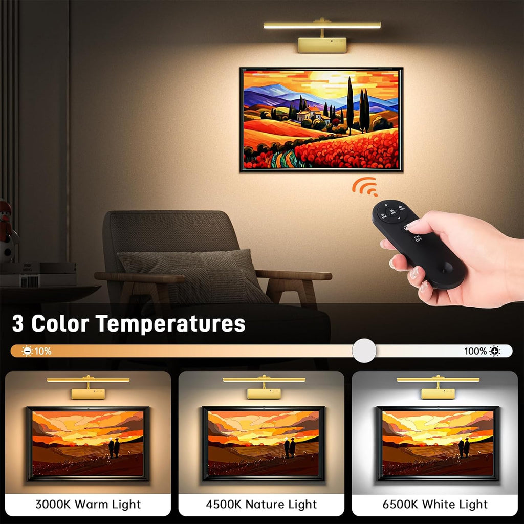 Picture Light, 15.35inch Wireless Rechargeable 5400mAh Battery Wall Light for Paintings, Picture Lights with Remote, 3 Color Modes and Dimmable Lights for Display, Gallery, Artwork(Gold) - Grand Goldman