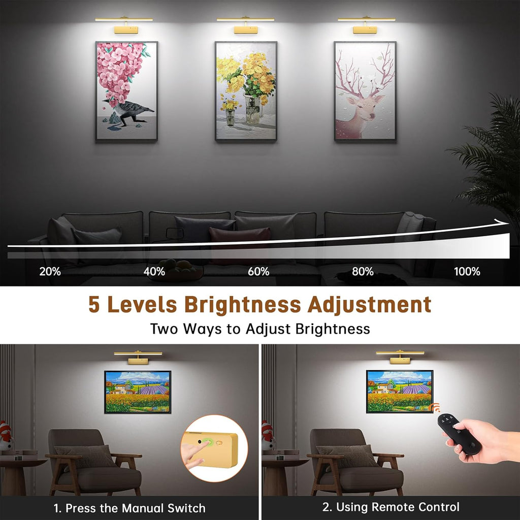 Picture Light, 15.35inch Wireless Rechargeable 5400mAh Battery Wall Light for Paintings, Picture Lights with Remote, 3 Color Modes and Dimmable Lights for Display, Gallery, Artwork(Gold) - Grand Goldman