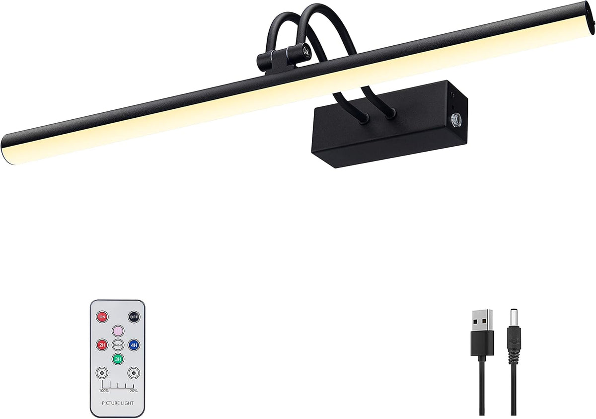 Picture Light, 16in Battery Operated Picture Lights for Paintings,Metal Remote Control Display Art Light with Timer and Dimmable for Wall Painting,Frame, Portrait, Dartboard(Black) - Grand Goldman