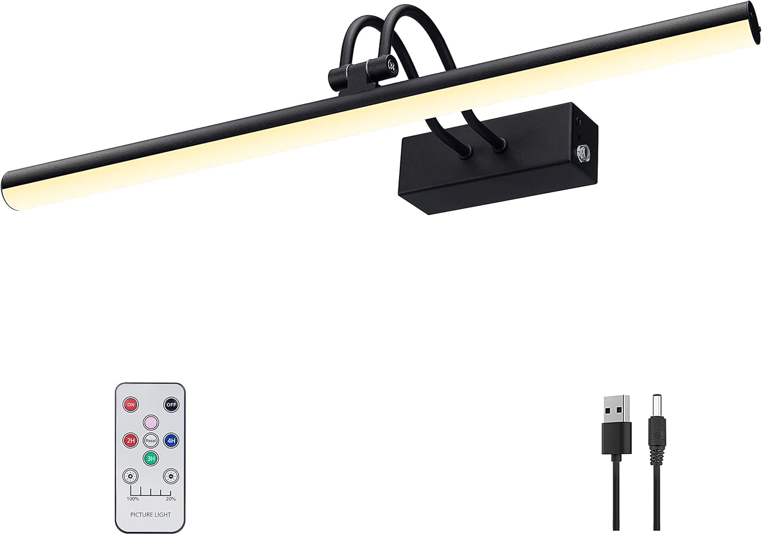 Picture Light, 16in Battery Operated Picture Lights for Paintings,Metal Remote Control Display Art Light with Timer and Dimmable for Wall Painting,Frame, Portrait, Dartboard(Black) - Grand Goldman