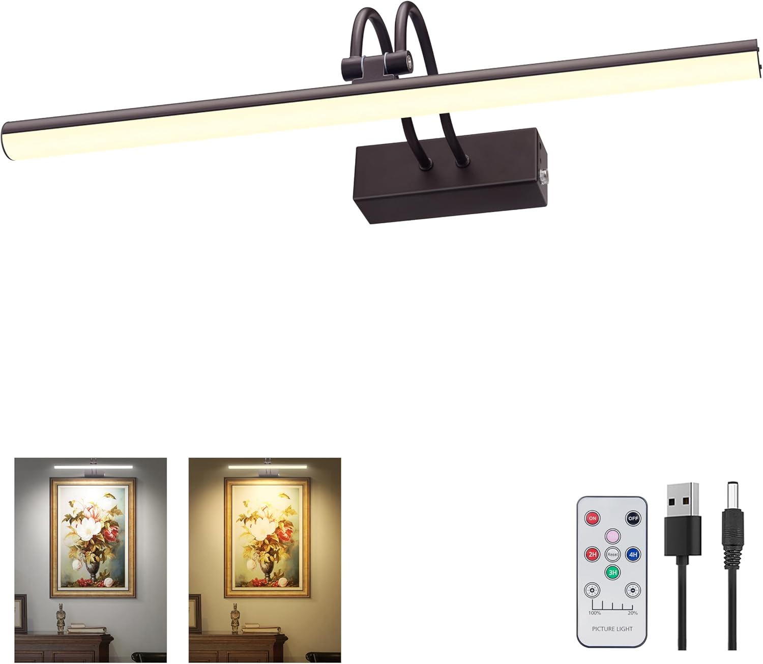 Picture Light, 16in Battery Operated Picture Lights for Paintings,Metal Remote Control Display Art Light with Timer and Dimmable for Wall Painting,Frame, Portrait, Dartboard(Black) - Grand Goldman