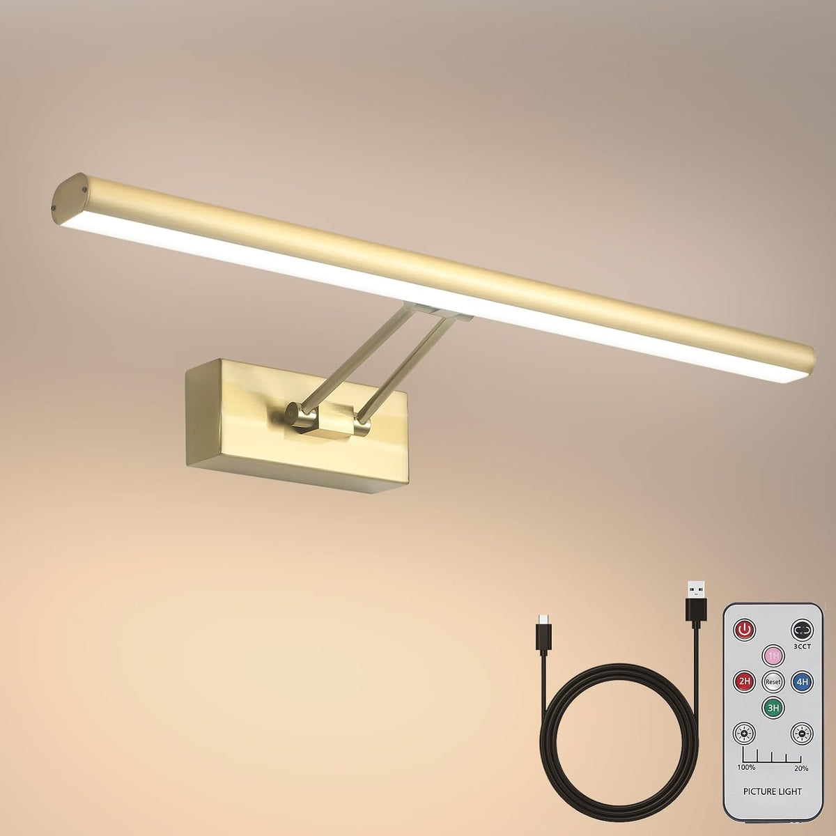 Picture Light, 17.5inches Picture Light Battery Operated,3CCT Picture Frame Light,Wireless Picture Lights for Wall Artwork Display, Photo,Library (Satin Nickel) - Grand Goldman