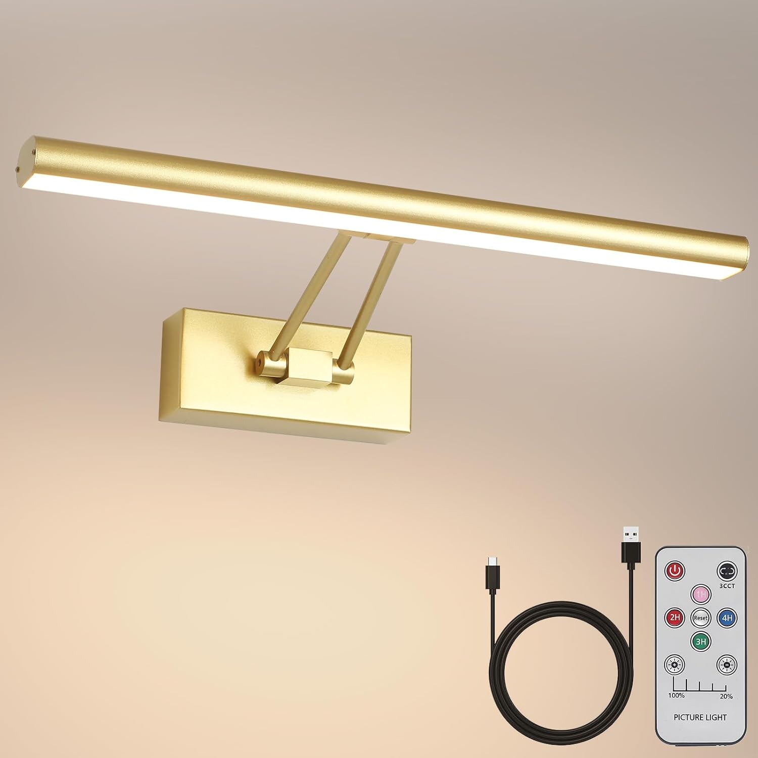 Picture Light, 17.5inches Picture Light Battery Operated,3CCT Picture Frame Light,Wireless Picture Lights for Wall Artwork Display, Photo,Library (Satin Nickel) - Grand Goldman