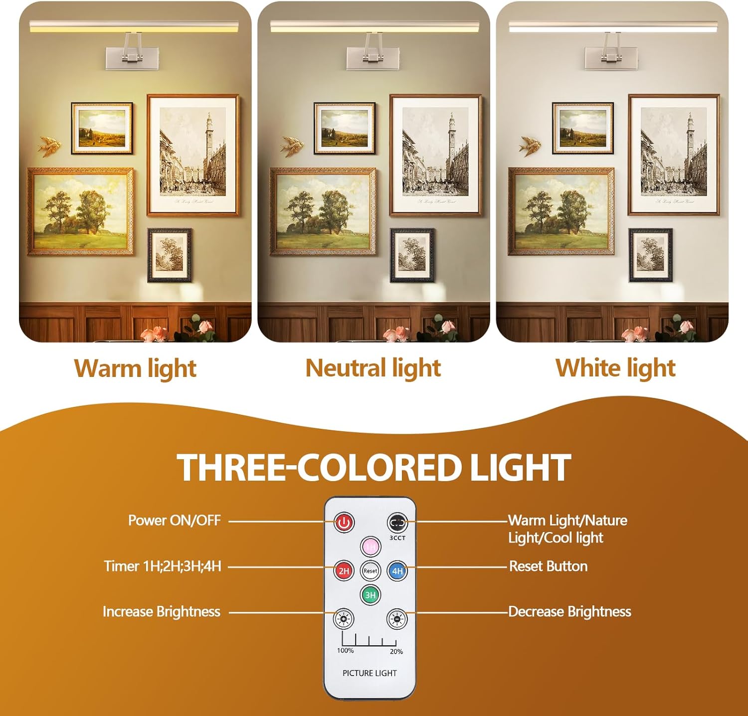 Picture Light, 17.5inches Picture Light Battery Operated,3CCT Picture Frame Light,Wireless Picture Lights for Wall Artwork Display, Photo,Library (Satin Nickel) - Grand Goldman