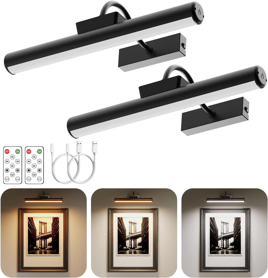 Picture Light Battery Operated, 13in Wireless Art Light for Paintings, Dimmable 5000mAh Recharging Battery Picture Light with Remote Control for Wall, Gallery Dartboard Art Bedroom (Gold-2Pack) - Grand Goldman