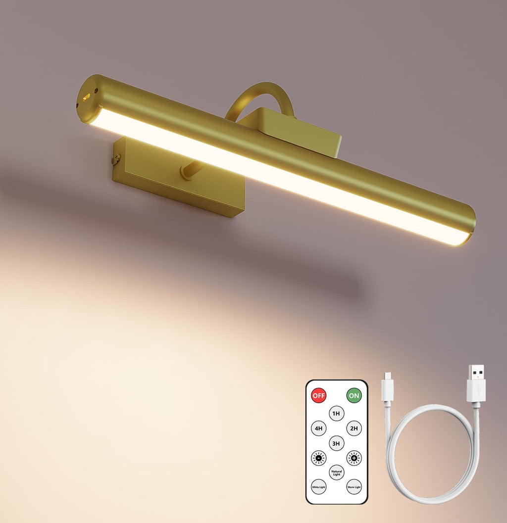 Picture Light Battery Operated, 13in Wireless Art Light for Paintings, Dimmable 5000mAh Recharging Battery Picture Light with Remote Control for Wall, Gallery Dartboard Art Bedroom (Gold-2Pack) - Grand Goldman