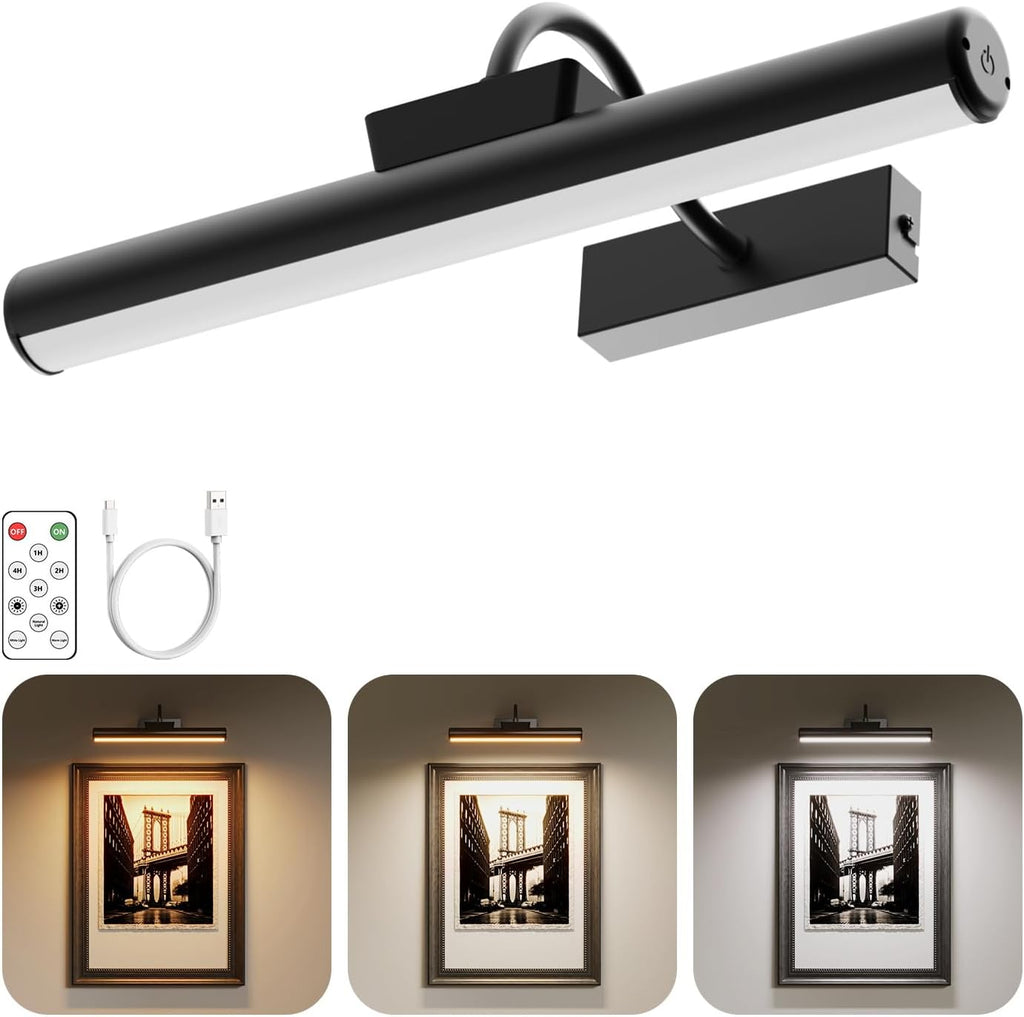 Picture Light Battery Operated, 13in Wireless Art Light for Paintings, Dimmable 5000mAh Recharging Battery Picture Light with Remote Control for Wall, Gallery Dartboard Art Bedroom (Gold-2Pack) - Grand Goldman