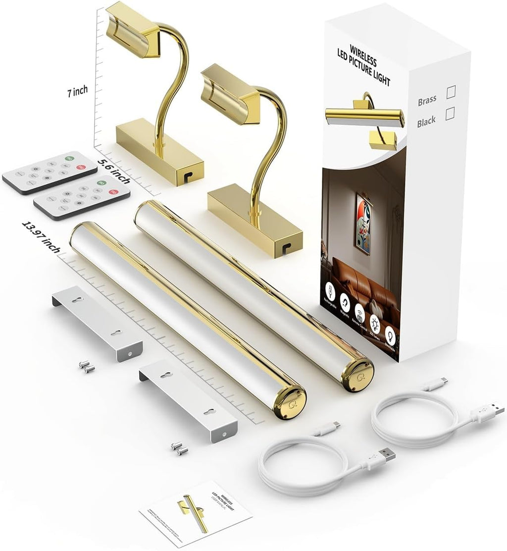 Picture Light Battery Operated, 13in Wireless Art Light for Paintings, Dimmable 5000mAh Recharging Battery Picture Light with Remote Control for Wall, Gallery Dartboard Art Bedroom (Gold-2Pack) - Grand Goldman