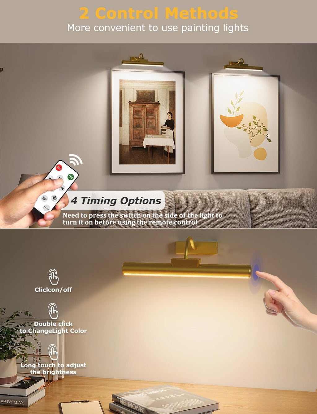 Picture Light Battery Operated, 13in Wireless Art Light for Paintings, Dimmable 5000mAh Recharging Battery Picture Light with Remote Control for Wall, Gallery Dartboard Art Bedroom (Gold-2Pack) - Grand Goldman