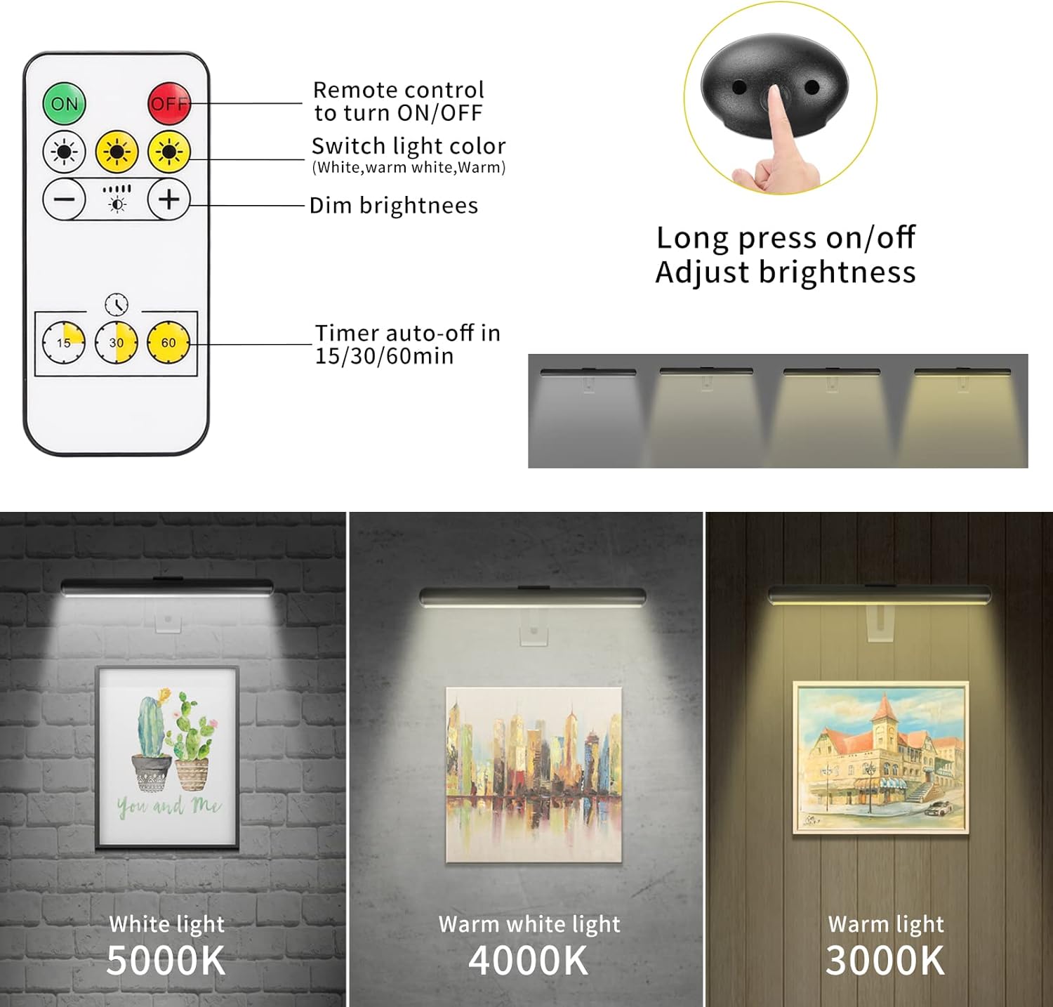 Picture Light Battery Operated, Picture Lights for Wall, Wireless Picture Light with 2 Remotes, Picture Light for Paintings, 16 LED, 3Modes, 300LM Dimmable Light with Timer for Art - Grand Goldman