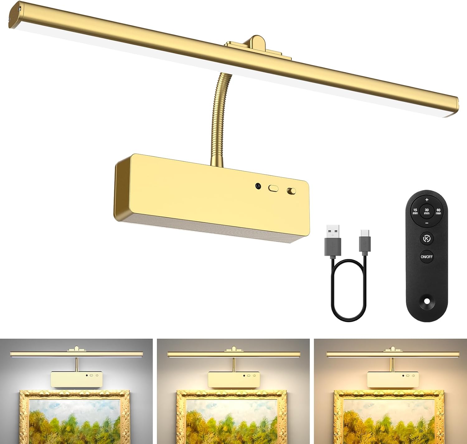 Picture Light with Remote, 15.35inch Wireless Rechargeable Battery Wall Light for Paintings, 3 Colors Paintings Light Dimmable and Timer Metal Art Light for Display, Wall, Artwork, Gallery (Gold) - Grand Goldman