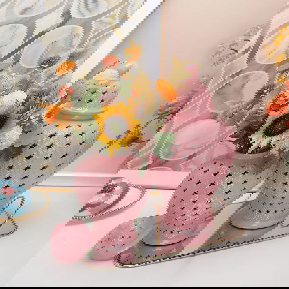 Pink Hollow General Jar Ceramic Ginger Jar Vase Candy Storage Jar Art Decorative Tank Flower Arrangement Home Craft Decoration - Grand Goldman