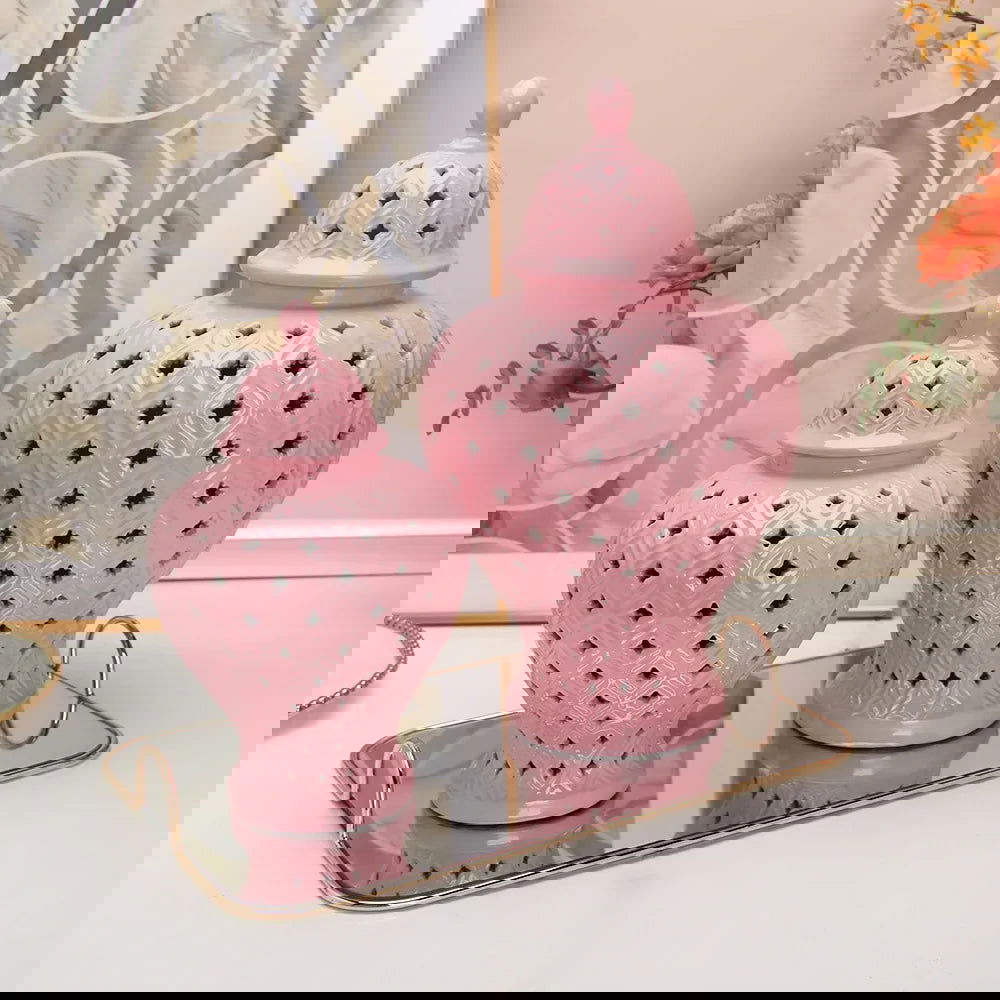 Pink Hollow General Jar Ceramic Ginger Jar Vase Candy Storage Jar Art Decorative Tank Flower Arrangement Home Craft Decoration - Grand Goldman