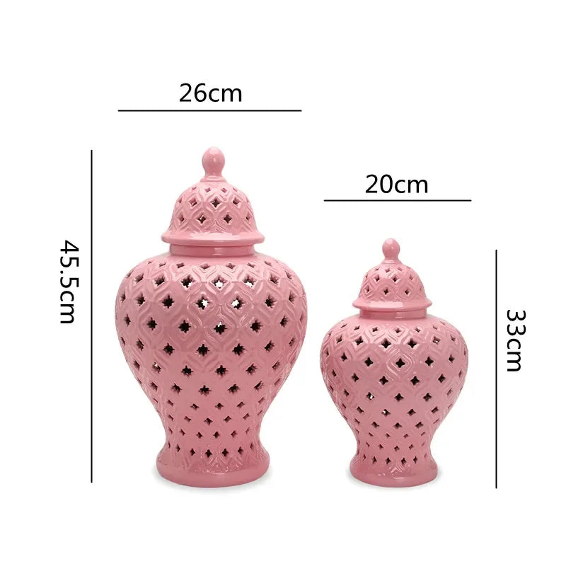 Pink Hollow General Jar Ceramic Ginger Jar Vase Candy Storage Jar Art Decorative Tank Flower Arrangement Home Craft Decoration - Grand Goldman