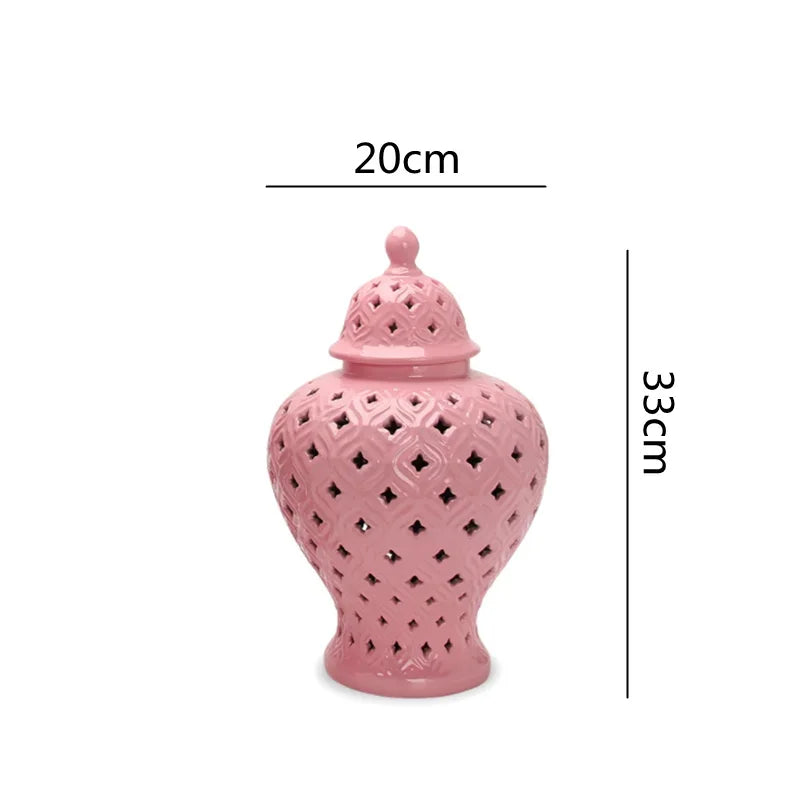 Pink Hollow General Jar Ceramic Ginger Jar Vase Candy Storage Jar Art Decorative Tank Flower Arrangement Home Craft Decoration - Grand Goldman