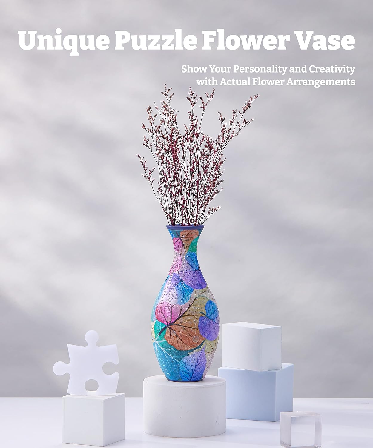 Pintoo 3D Puzzle Vase Unique Flower Vase Made by 160 Curved Plastic Puzzle Pieces House Warming Gift for Flower Arrangements and Home Decoration - [S1034] (Classic, Colorful Leaves) - Grand Goldman