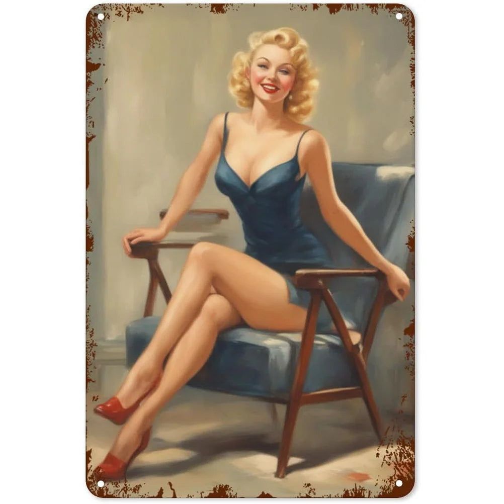 Pinup Girls Tin Sign Vintage Plaque Metal Plate Retro Wall Art Posters for Man Cave Garage Cafe Bar Pub Iron Painting Decoration - Grand Goldman
