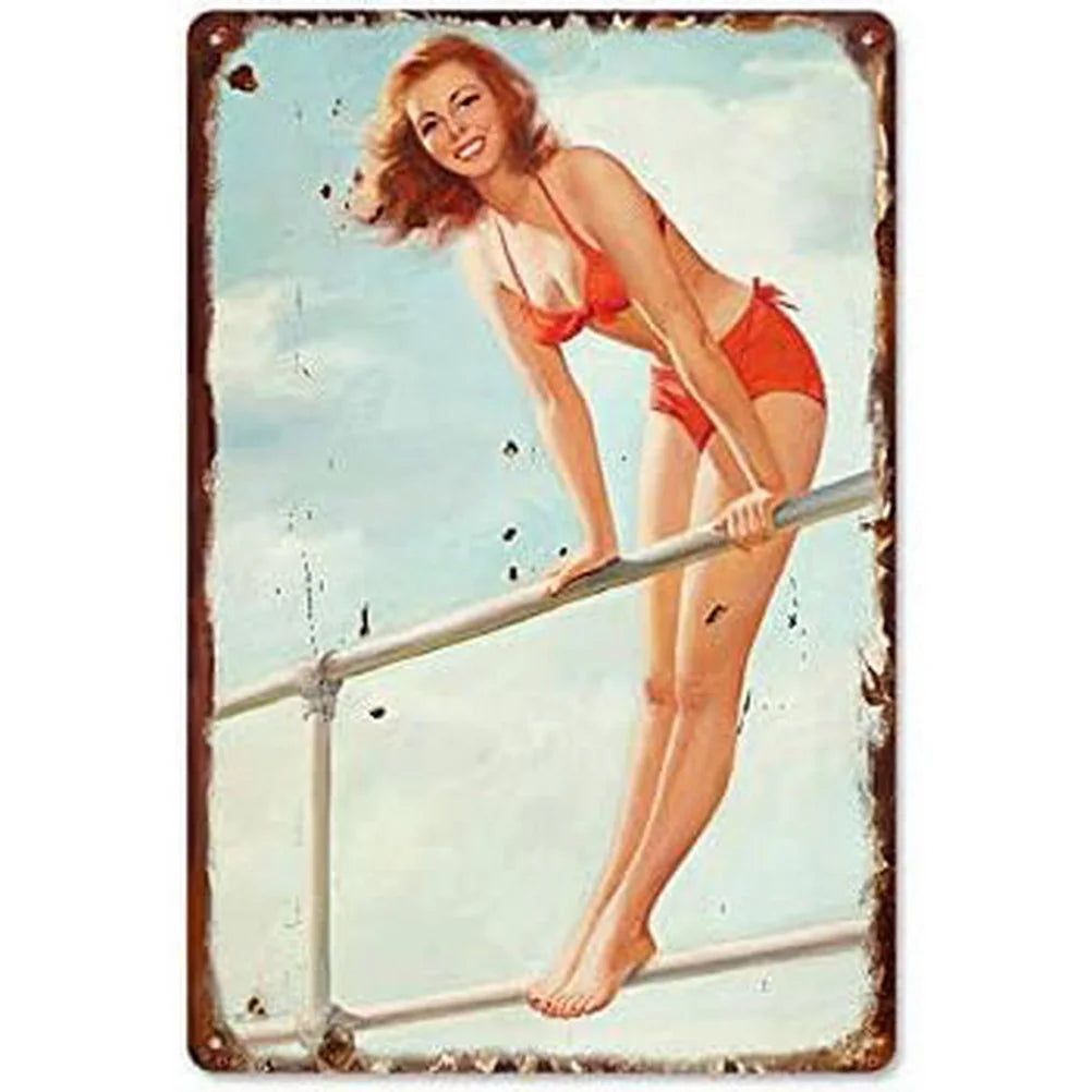 Pinup Girls Tin Sign Vintage Plaque Metal Plate Retro Wall Art Posters for Man Cave Garage Cafe Bar Pub Iron Painting Decoration - Grand Goldman