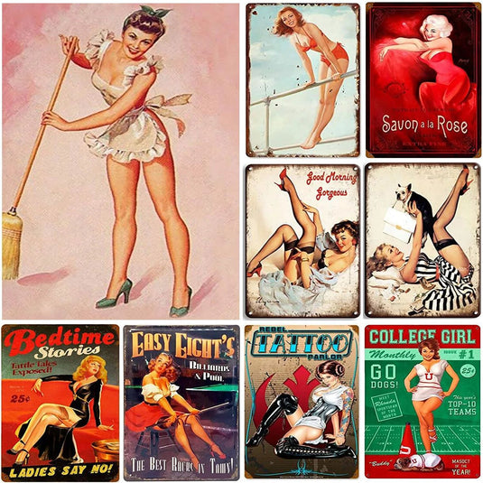 Pinup Girls Tin Sign Vintage Plaque Metal Plate Retro Wall Art Posters for Man Cave Garage Cafe Bar Pub Iron Painting Decoration - Grand Goldman