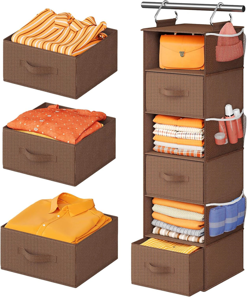 Pipishell Hanging Closet Organizer 6-Shelf, Hanging Shelves for Closet with 3 Removable Drawers & Side Pockets for Bedroom or Garment Rack, 12' x 12' x 43.3', Dark Gray - Grand Goldman