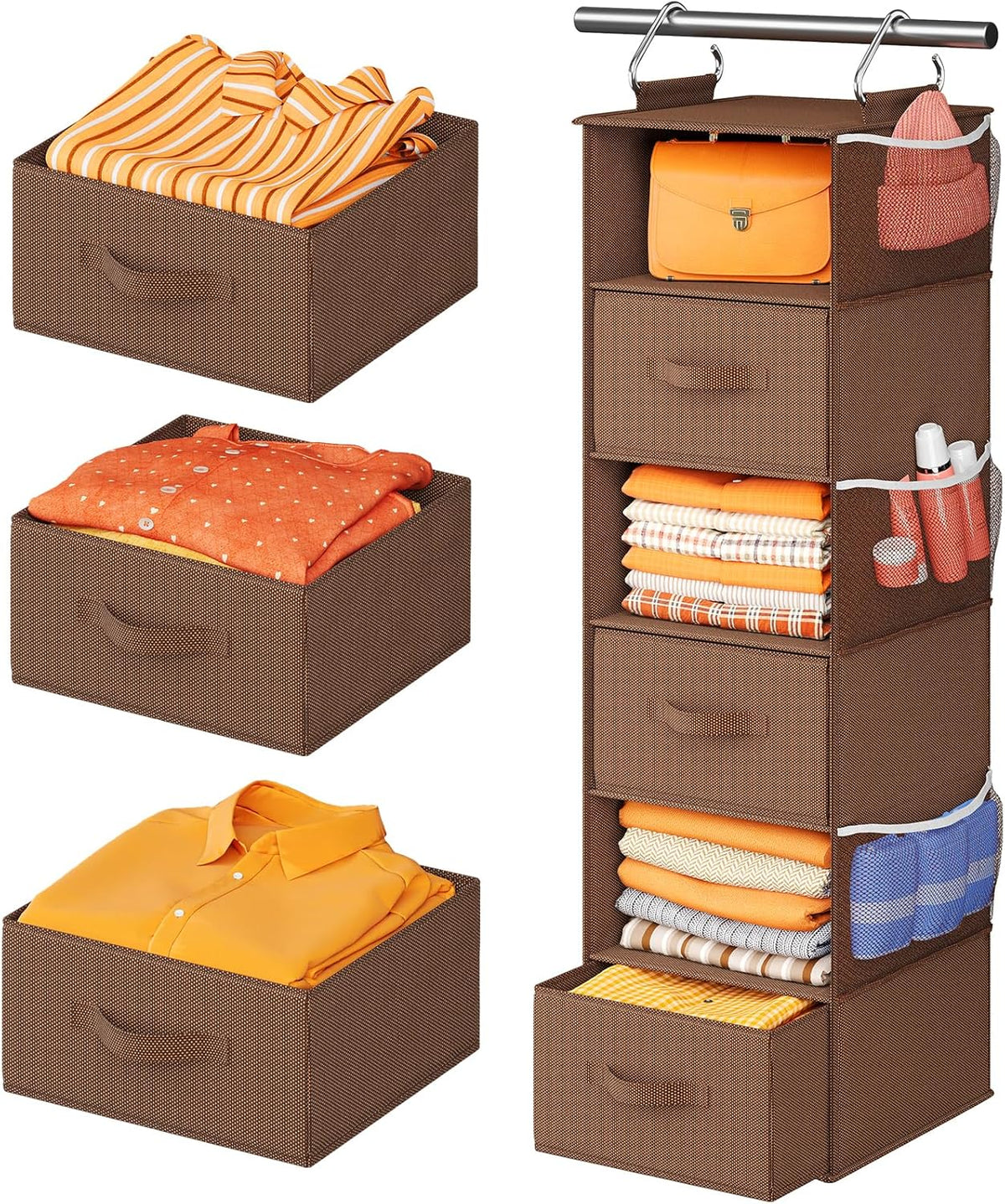 Pipishell Hanging Closet Organizer 6-Shelf, Hanging Shelves for Closet with 3 Removable Drawers & Side Pockets for Bedroom or Garment Rack, 12' x 12' x 43.3', Dark Gray - Grand Goldman