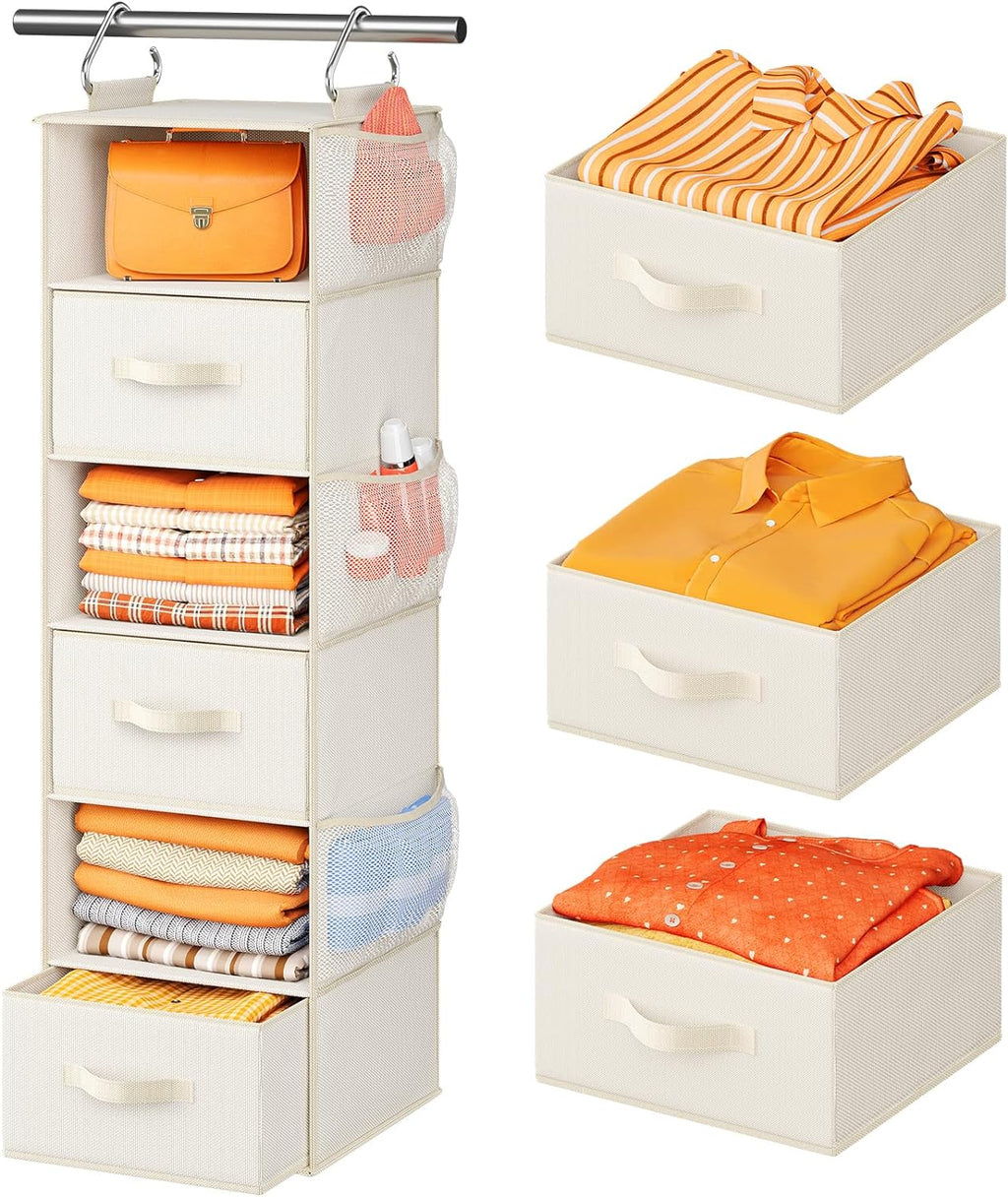 Pipishell Hanging Closet Organizer 6-Shelf, Hanging Shelves for Closet with 3 Removable Drawers & Side Pockets for Bedroom or Garment Rack, 12' x 12' x 43.3', Dark Gray - Grand Goldman