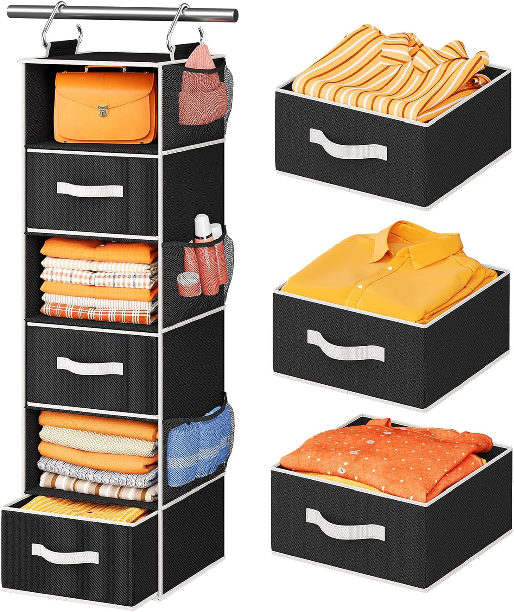 Pipishell Hanging Closet Organizer 6-Shelf, Hanging Shelves for Closet with 3 Removable Drawers & Side Pockets for Bedroom or Garment Rack, 12' x 12' x 43.3', Dark Gray - Grand Goldman