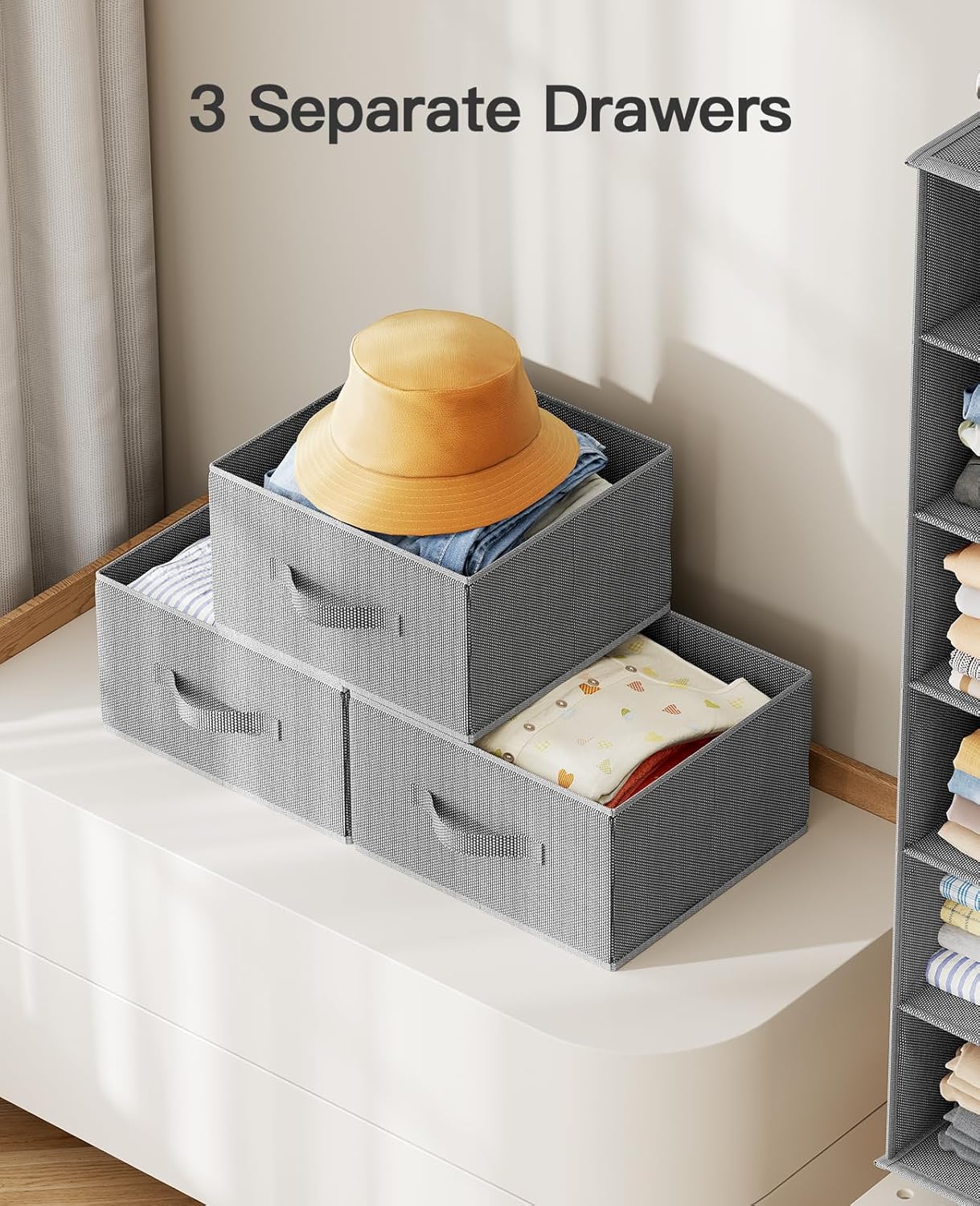 Pipishell Hanging Closet Organizer 6-Shelf, Hanging Shelves for Closet with 3 Removable Drawers & Side Pockets for Bedroom or Garment Rack, 12' x 12' x 43.3', Dark Gray - Grand Goldman