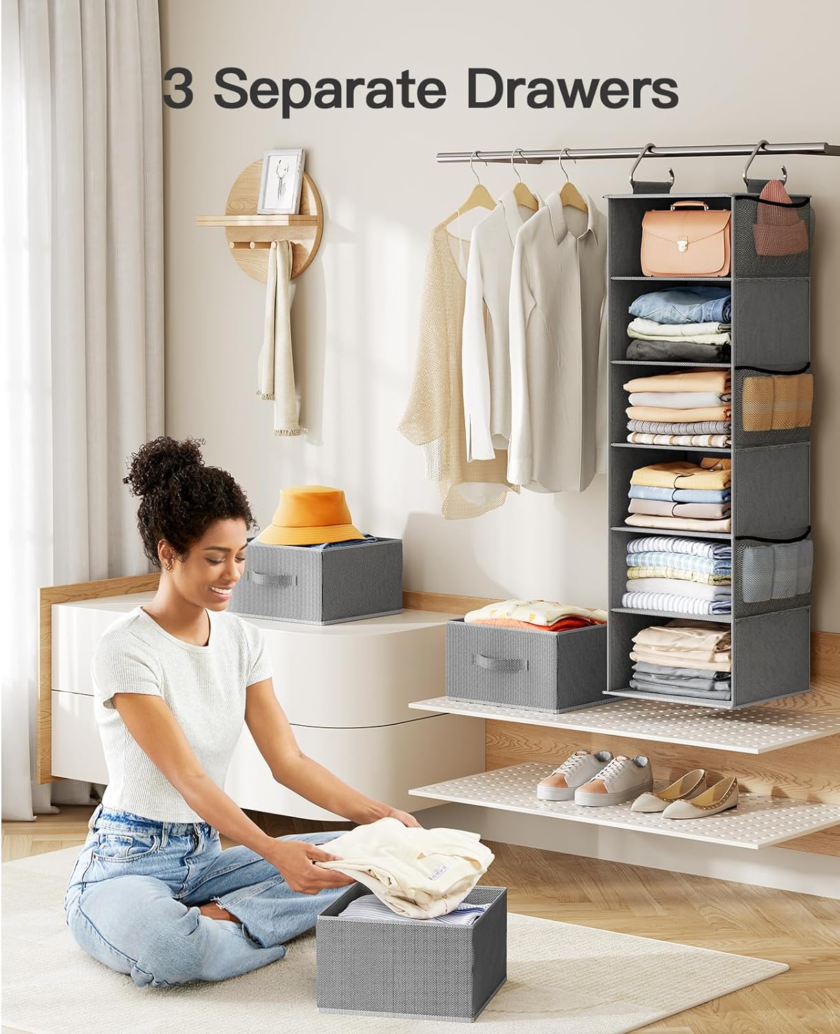 Pipishell Hanging Closet Organizer 6-Shelf, Hanging Shelves for Closet with 3 Removable Drawers & Side Pockets for Bedroom or Garment Rack, 12' x 12' x 43.3', Dark Gray - Grand Goldman