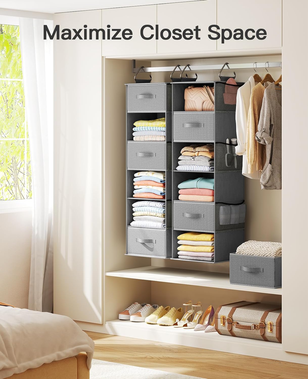 Pipishell Hanging Closet Organizer 6-Shelf, Hanging Shelves for Closet with 3 Removable Drawers & Side Pockets for Bedroom or Garment Rack, 12' x 12' x 43.3', Dark Gray - Grand Goldman