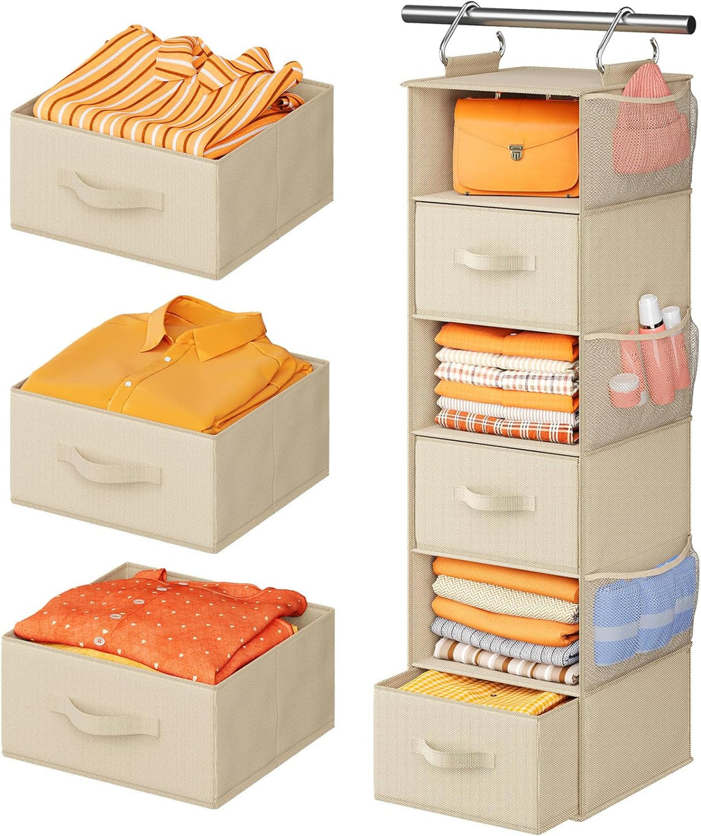 Pipishell Hanging Closet Organizer 6-Shelf, Hanging Shelves for Closet with 3 Removable Drawers & Side Pockets for Bedroom or Garment Rack, 12' x 12' x 43.3', Dark Gray - Grand Goldman