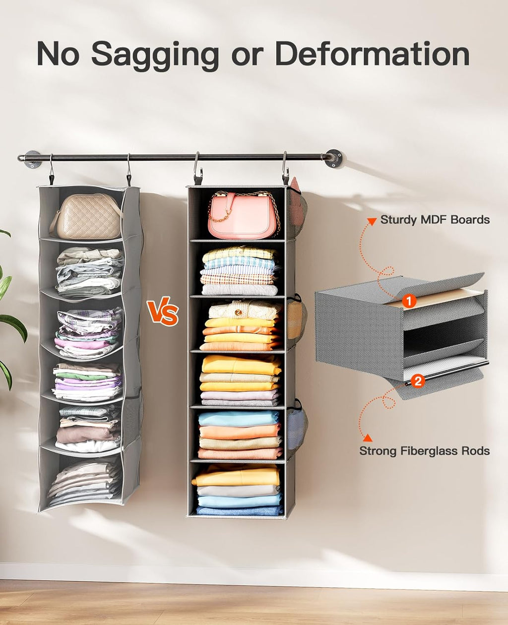 Pipishell Hanging Closet Organizer 6-Shelf, Hanging Shelves for Closet with 3 Removable Drawers & Side Pockets for Bedroom or Garment Rack, 12' x 12' x 43.3', Dark Gray - Grand Goldman