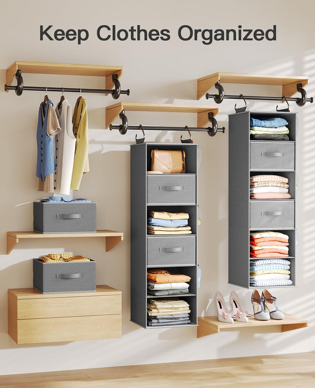 Pipishell Hanging Closet Organizer 6-Shelf, Hanging Shelves for Closet with 3 Removable Drawers & Side Pockets for Bedroom or Garment Rack, 12' x 12' x 43.3', Dark Gray - Grand Goldman