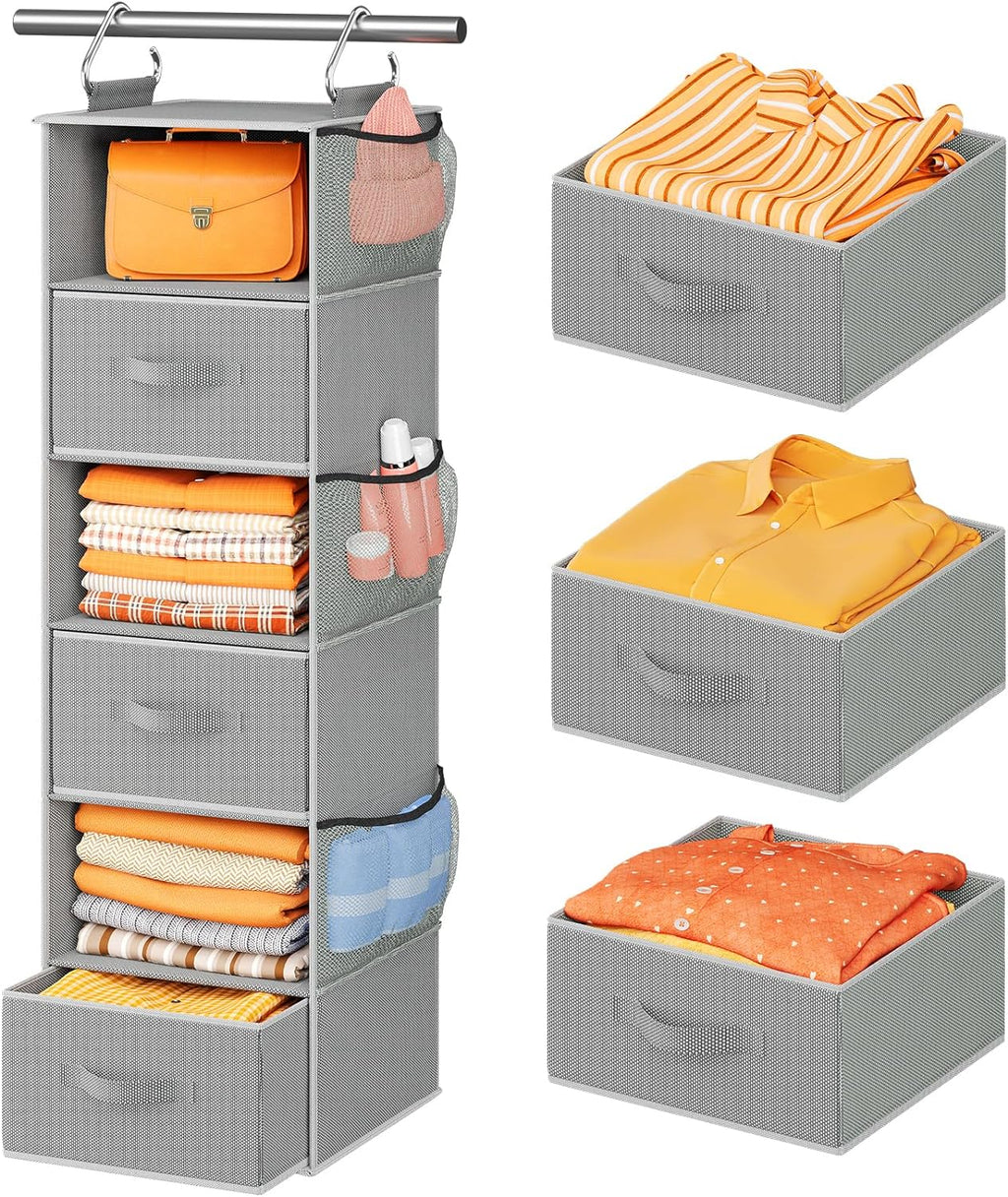 Pipishell Hanging Closet Organizer 6-Shelf, Hanging Shelves for Closet with 3 Removable Drawers & Side Pockets for Bedroom or Garment Rack, 12' x 12' x 43.3', Dark Gray - Grand Goldman