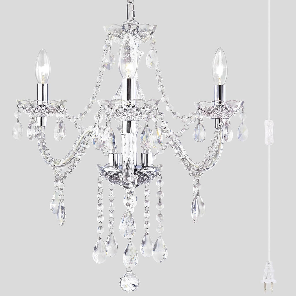 Plug-in 5 Light Crystal Hanging Pendant Lights Acrylic Chandelier with Clear Cord & On/Off Switch H19 D19.7 for Kitchen Island Girls' Room Dining Area Laundry Pavilion. - Grand Goldman