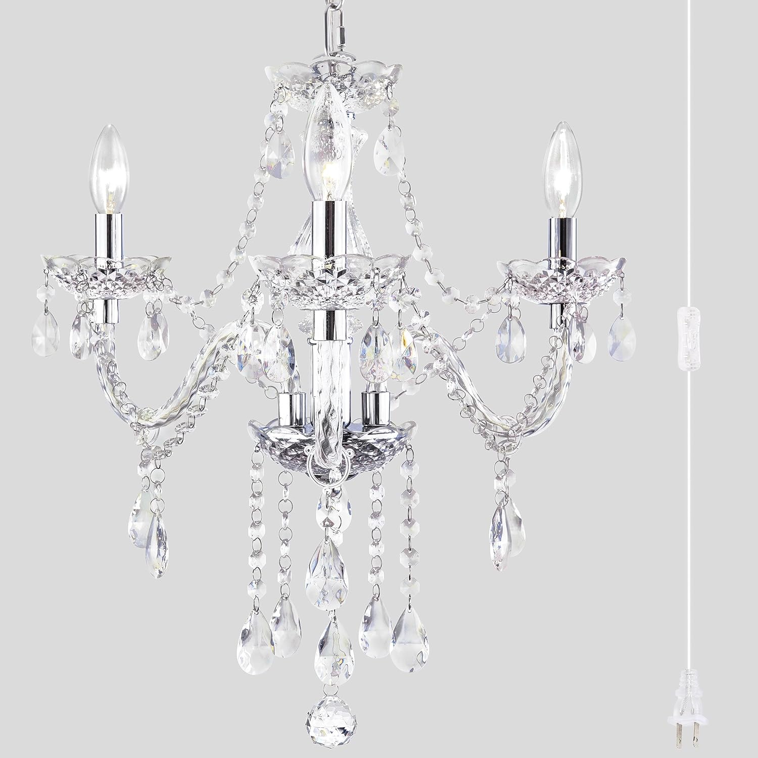 Plug-in 5 Light Crystal Hanging Pendant Lights Acrylic Chandelier with Clear Cord & On/Off Switch H19 D19.7 for Kitchen Island Girls' Room Dining Area Laundry Pavilion. - Grand Goldman