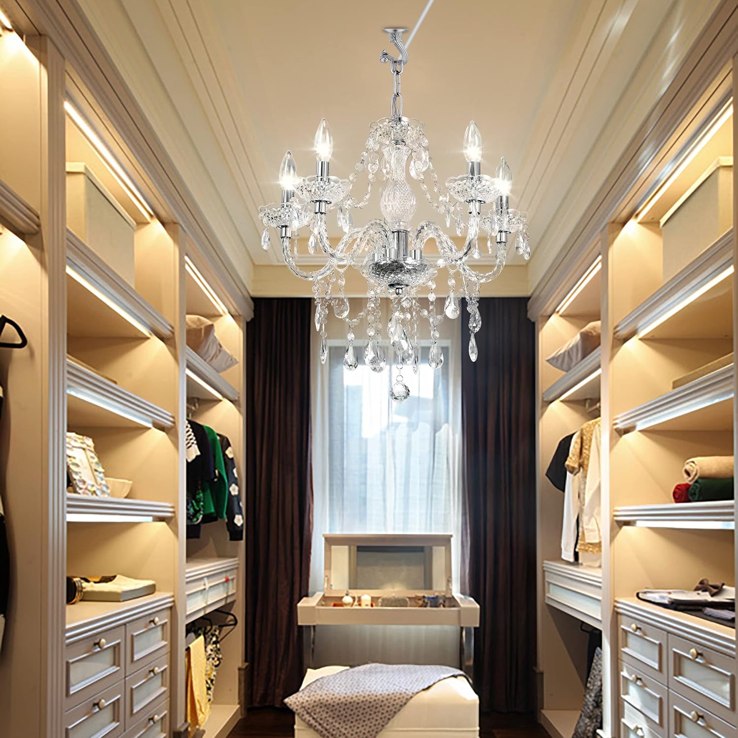 Plug-in 5 Light Crystal Hanging Pendant Lights Acrylic Chandelier with Clear Cord & On/Off Switch H19 D19.7 for Kitchen Island Girls' Room Dining Area Laundry Pavilion. - Grand Goldman