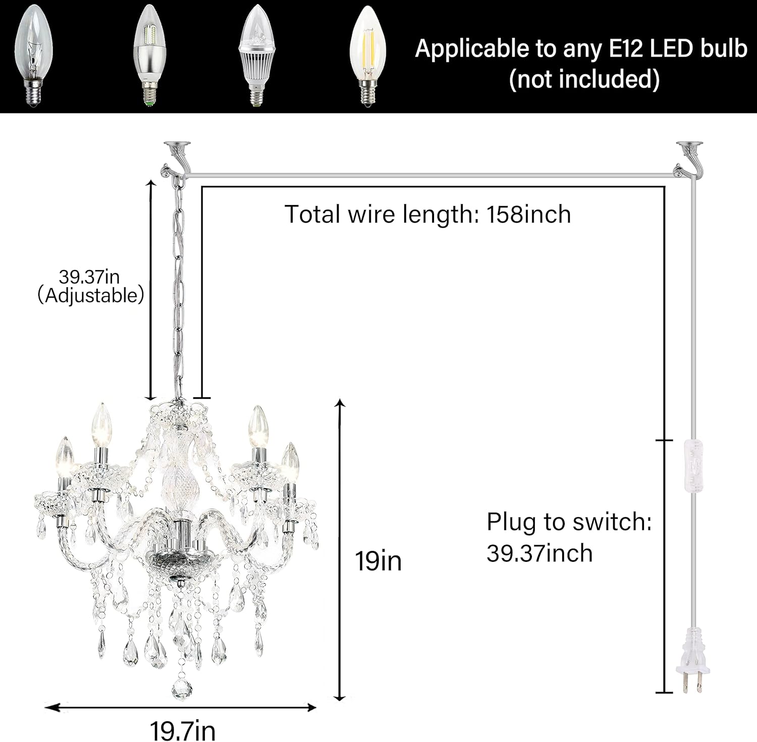 Plug-in 5 Light Crystal Hanging Pendant Lights Acrylic Chandelier with Clear Cord & On/Off Switch H19 D19.7 for Kitchen Island Girls' Room Dining Area Laundry Pavilion. - Grand Goldman