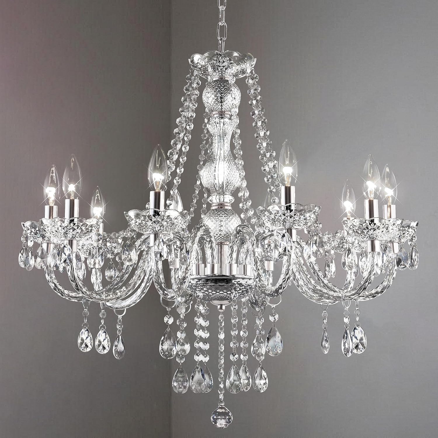 Plug-in 5 Light Crystal Hanging Pendant Lights Acrylic Chandelier with Clear Cord & On/Off Switch H19 D19.7 for Kitchen Island Girls' Room Dining Area Laundry Pavilion. - Grand Goldman