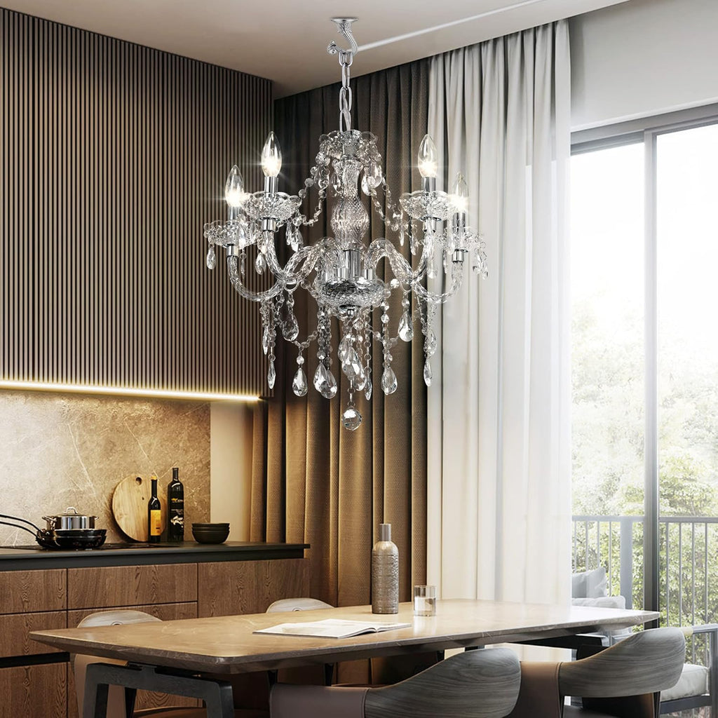 Plug-in 5 Light Crystal Hanging Pendant Lights Acrylic Chandelier with Clear Cord & On/Off Switch H19 D19.7 for Kitchen Island Girls' Room Dining Area Laundry Pavilion. - Grand Goldman