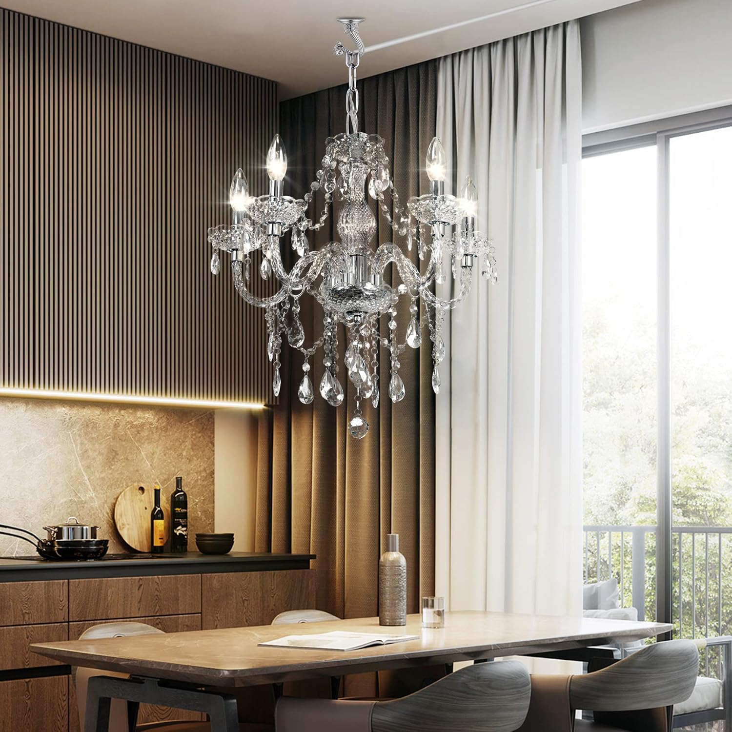 Plug-in 5 Light Crystal Hanging Pendant Lights Acrylic Chandelier with Clear Cord & On/Off Switch H19 D19.7 for Kitchen Island Girls' Room Dining Area Laundry Pavilion. - Grand Goldman